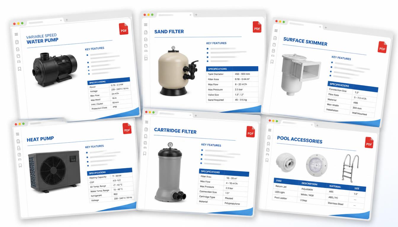 Vários catálogos PDF de equipamentos de piscina abertos ao mesmo tempo