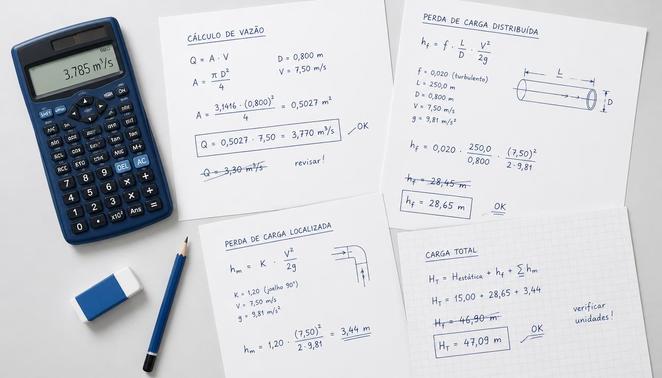 Cálculos hidráulicos feitos à mão com calculadora e folhas de papel